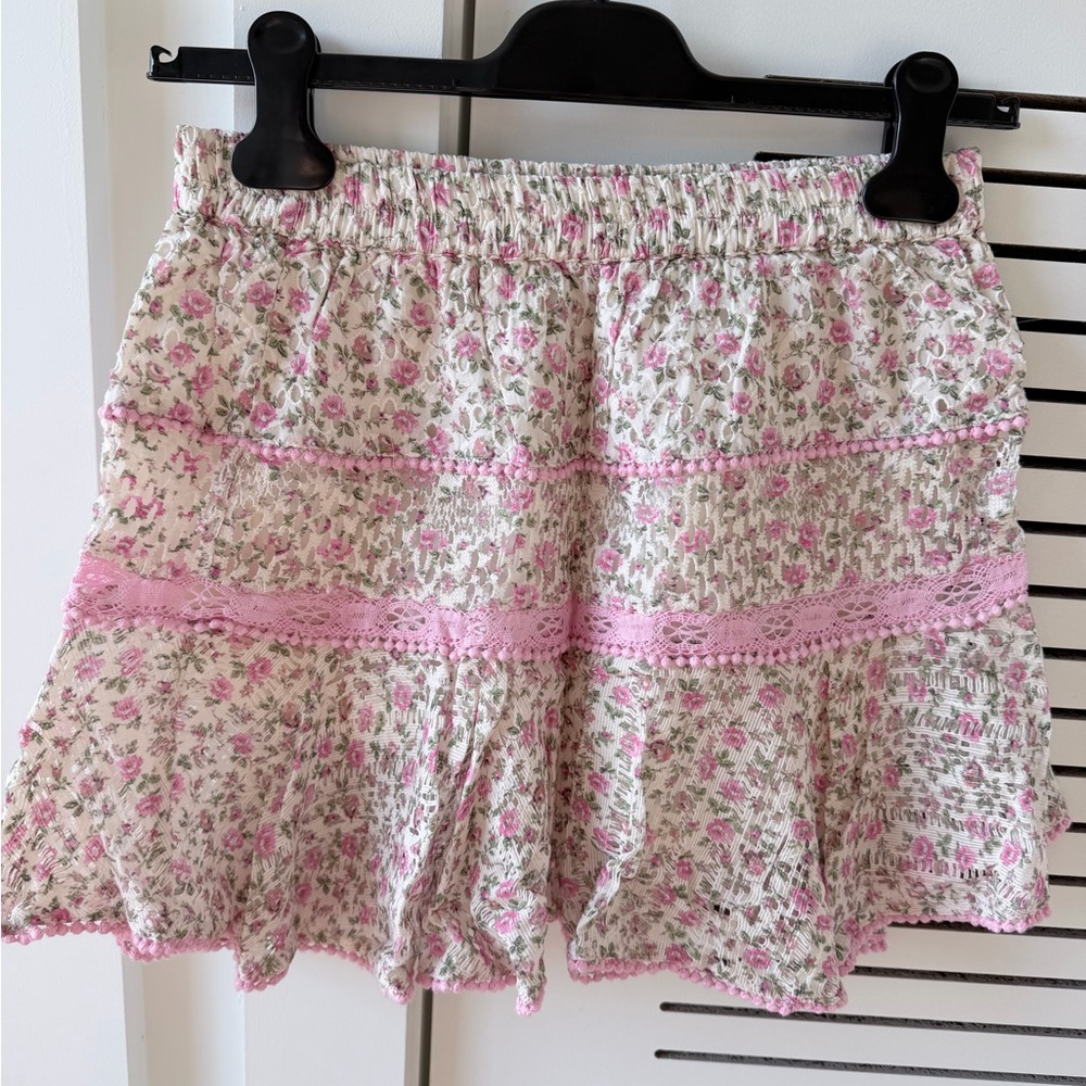 LoveShackFancy Floral Ruffle Mini Skirt XS – Pink Lace Trim Cottagecore Skirt